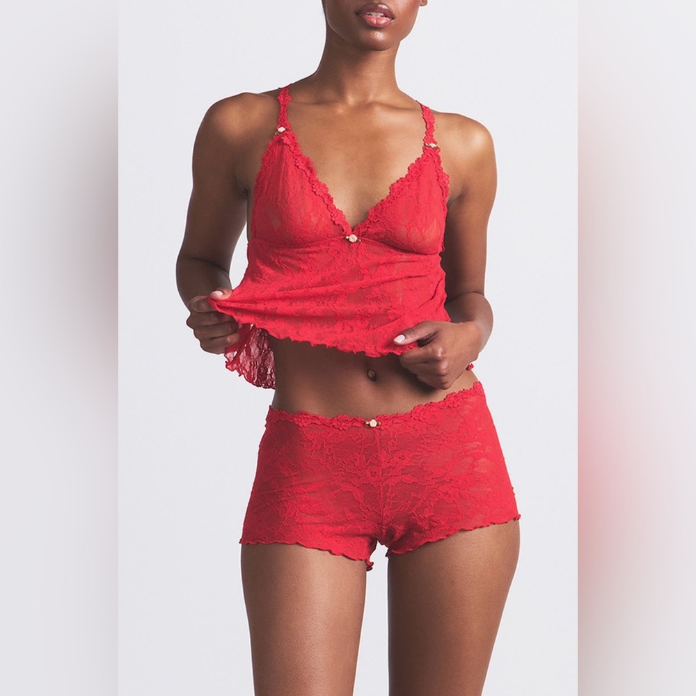 NEW! SKIMS Stretch Lace Triangle Cami & Short Set | RED